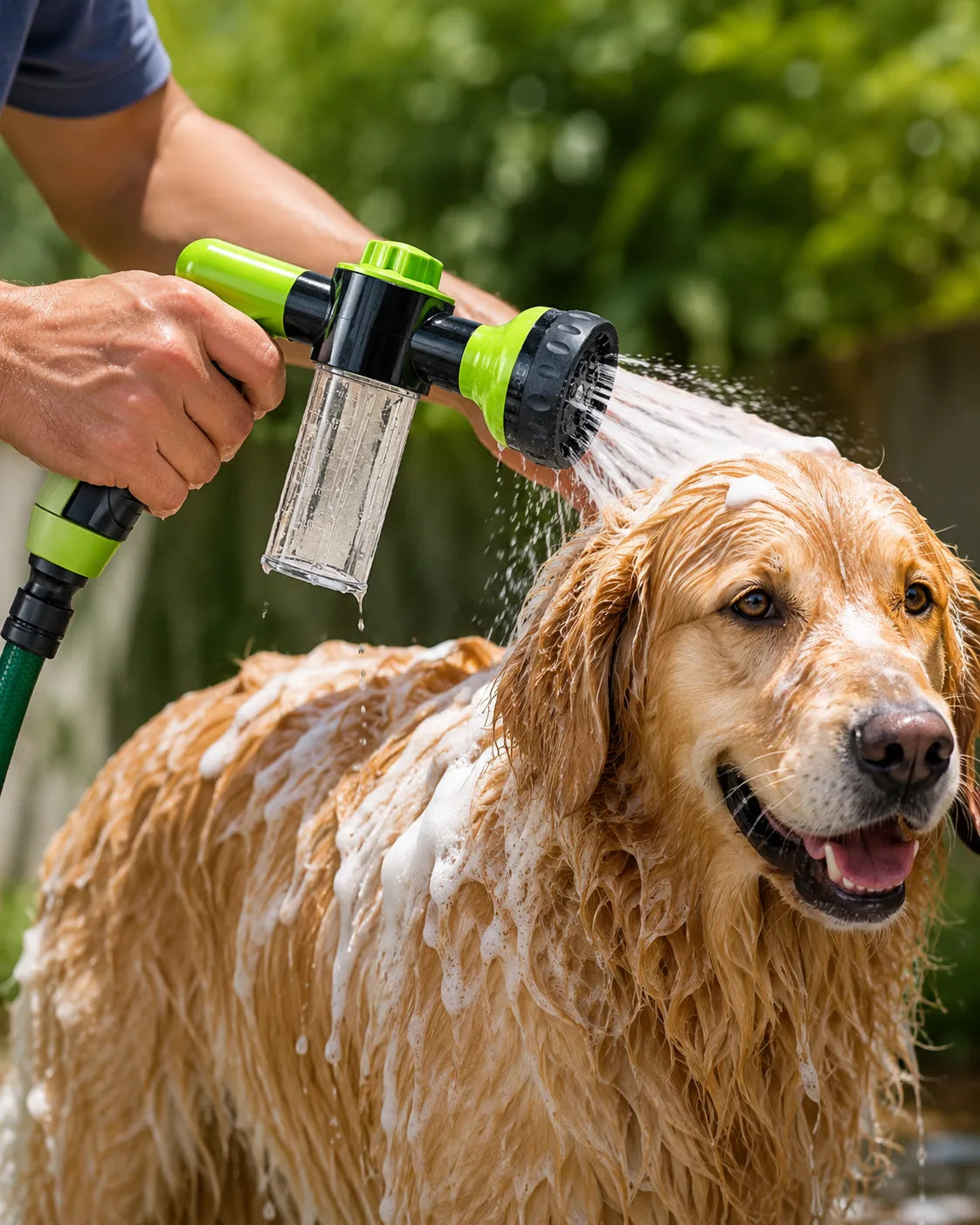 Golden retriever covered in foam while being washed with the FoamPaw Pro