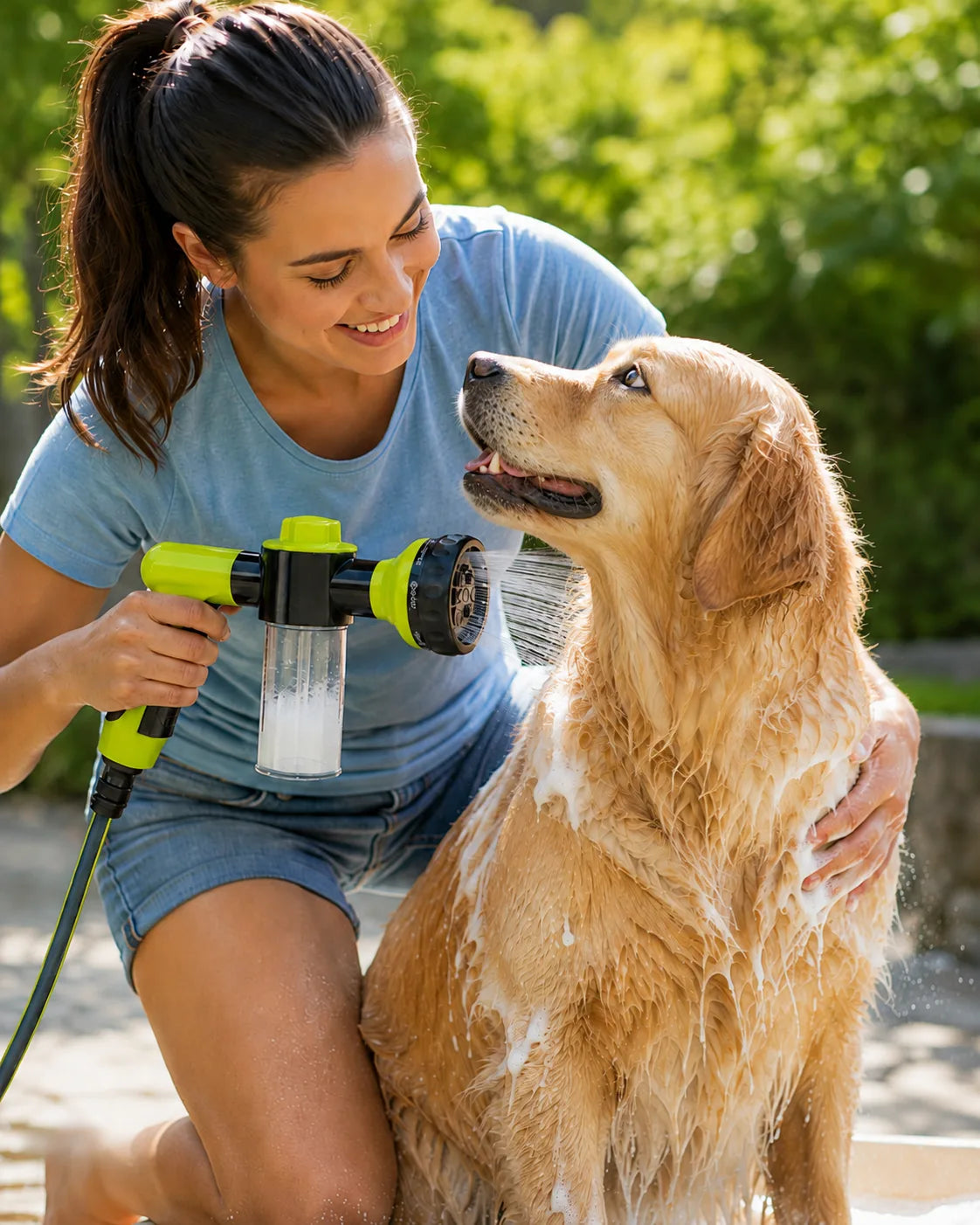 Smiling owner bonding with her clean, calm dog after a FoamPaw Pro bath